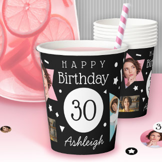 Gobelets En Papier Fun Black White Confetti Photos 30e anniversaire