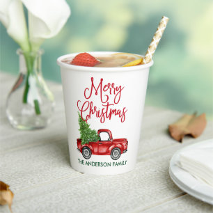 Gobelets En Papier Fun Calliage Vintage Camion Rouge Vert Noël