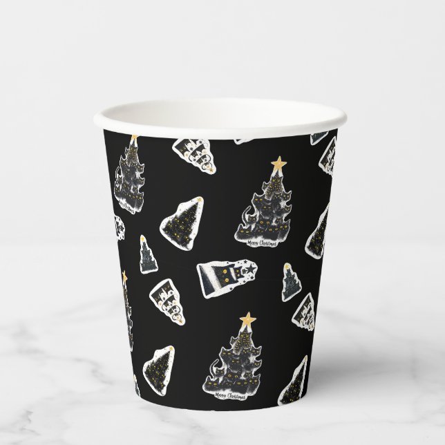 Gobelets En Papier Fun chat noir Meowy sapin de Noël (Recto)
