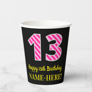 Gobelets En Papier Fun Pink Stripes "13" : Joyeux 13ème anniversaire 