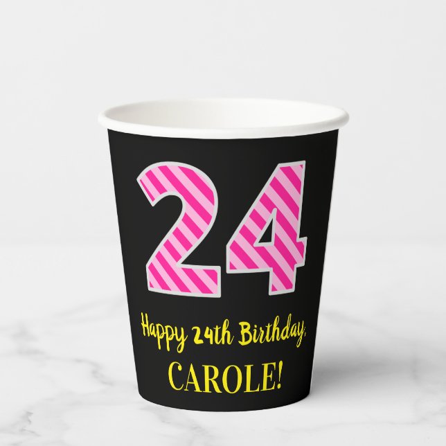 Gobelets En Papier Fun Pink Stripes "24" : Joyeux 24ème anniversaire  (Verso)