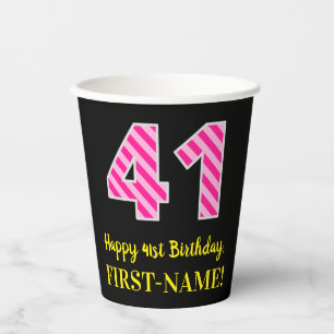 Gobelets En Papier Fun Pink Stripes "41" : Joyeux 41ème Anniversaire 