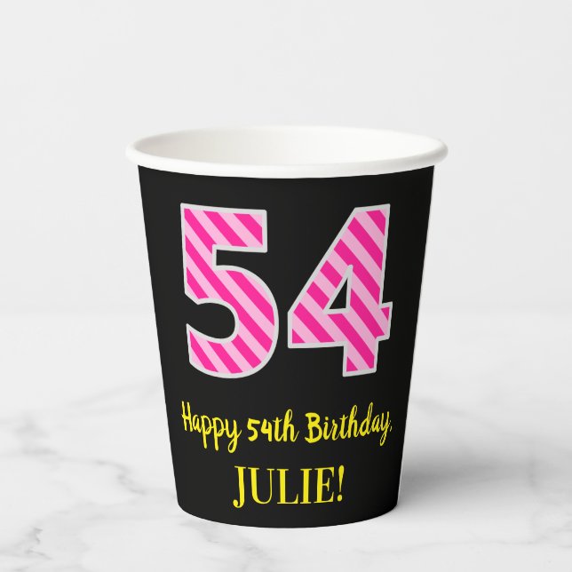Gobelets En Papier Fun Pink Stripes "54" : Joyeux 54ème anniversaire  (Verso)