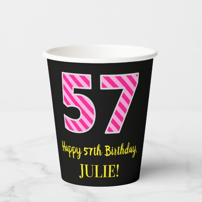 Gobelets En Papier Fun Pink Stripes "57" : Joyeux 57ème anniversaire  (Recto)