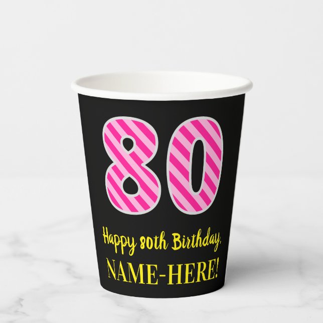 Gobelets En Papier Fun Pink Stripes "80" : Joyeux 80ème anniversaire  (Verso)