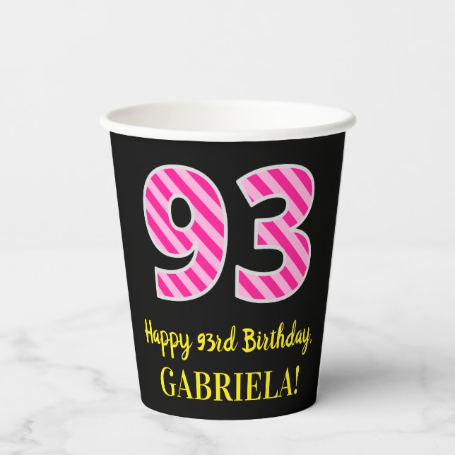 Gobelets En Papier Fun Pink Stripes "93" : Joyeux 93ème anniversaire  (Verso)