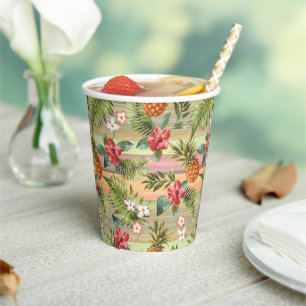 Gobelets En Papier Fun Tropical Ananas Fruit Floral Feuille Motif
