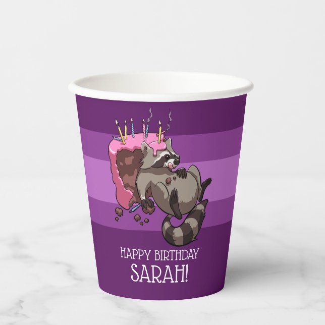 Gobelets En Papier Funny Raccoon Joyeux Anniversaire Ajouter Votre No (Recto)