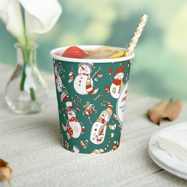 Gobelets En Papier Funny Snowmen Motif de vacances sur Turquoise (Insitu)