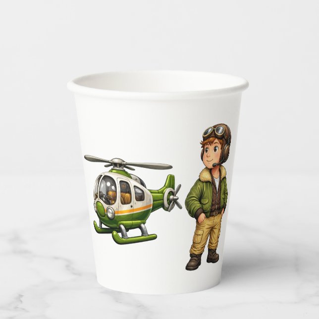 Gobelets En Papier Garçon pilote d'hélicoptère rétro avec hélicoptère (Recto)