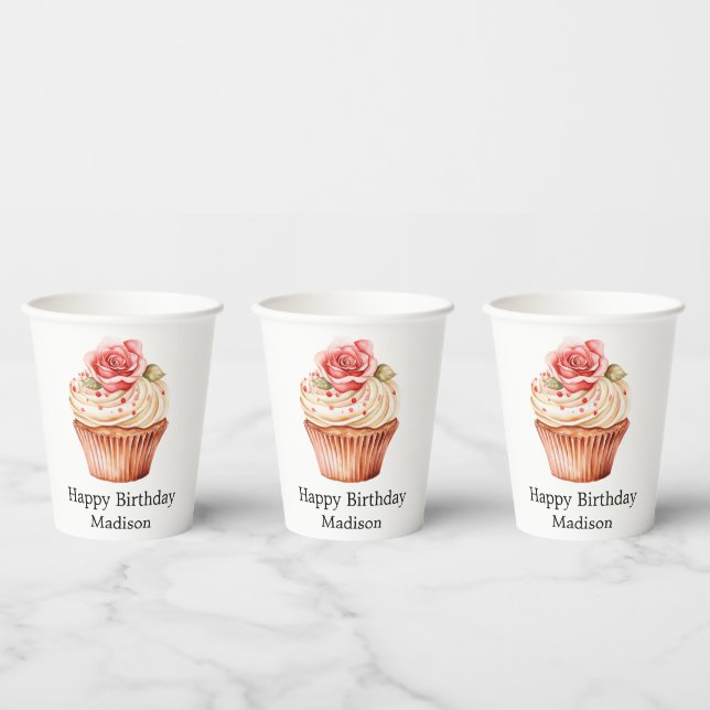 Gobelets En Papier Gâteau Rose Pâle Élégant Anniversaire (Multi)