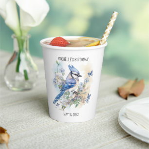 Gobelets En Papier Geai bleu Fleurs de printemps Fête d'anniversaire