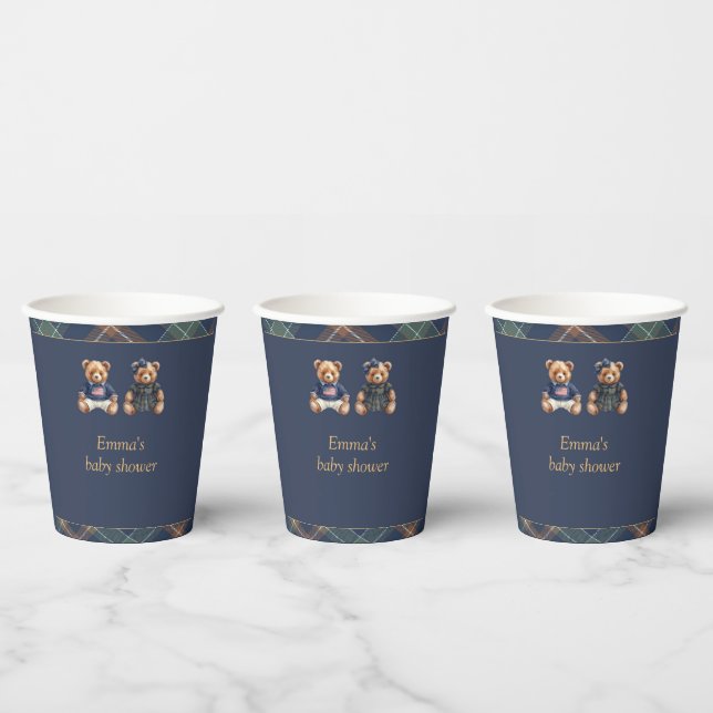 Gobelets En Papier Gender Reveal Paper Cups Navy Plaid Teddy Bear (Multi)