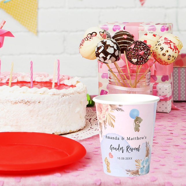 Gobelets En Papier Genre révéler la fête pampas tedbear bleu rose (Créateur téléchargé)