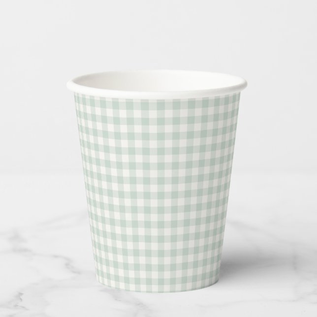 Gobelets En Papier Gingham Classique Printemps | Sauge Atténué (Recto)