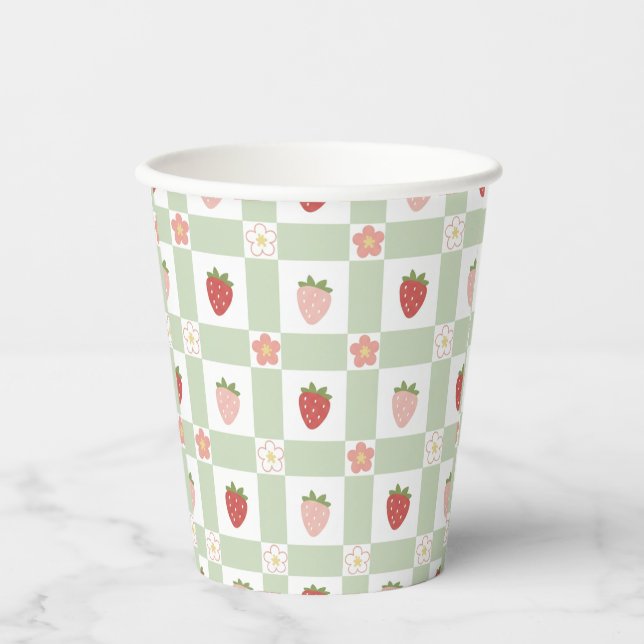 Gobelets En Papier Gingham Pastel Vert Fraise Jetable (Recto)