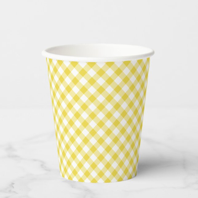 Gobelets En Papier Gingham Rétro Jaune Doré (Recto)