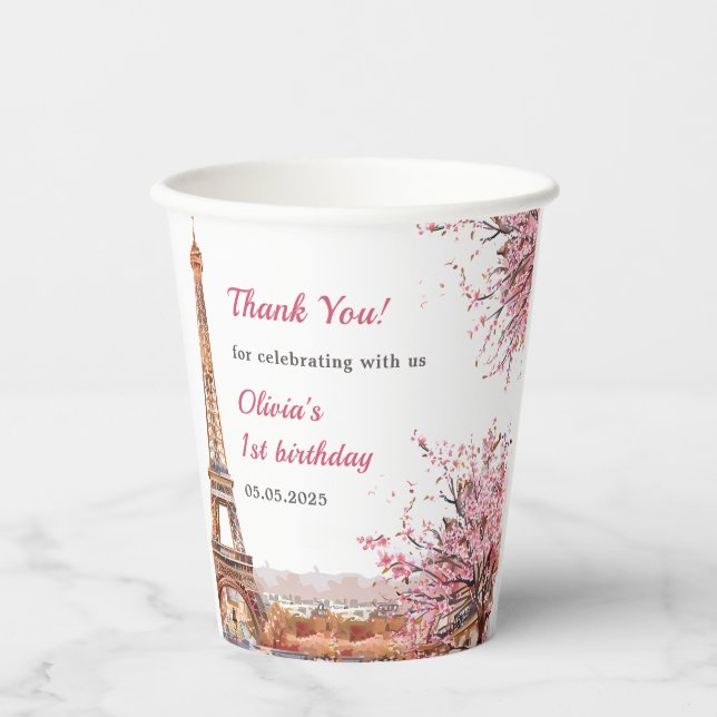 Gobelets En Papier Girl Eiffel Tower Paris 1er anniversaire (Recto)
