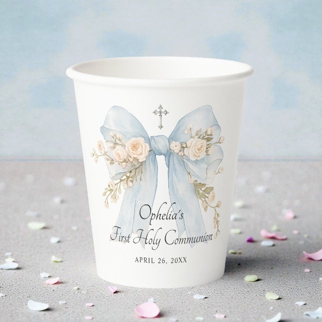 Gobelets En Papier Girl's Dusty Blue First Communion Floral Bow (Créateur téléchargé)
