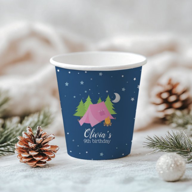 Gobelets En Papier Glamping Girl Pink Camping Fête d'anniversaire (Créateur téléchargé)