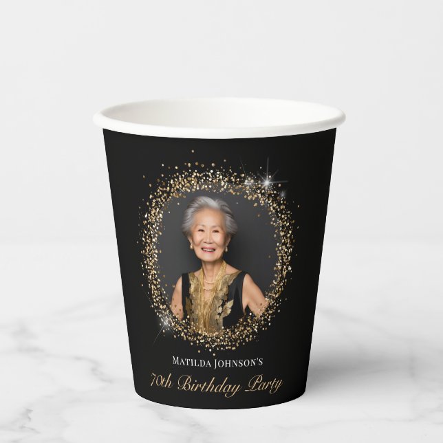 Gobelets En Papier Glitter Black Gold 70e Anniversaire (Recto)