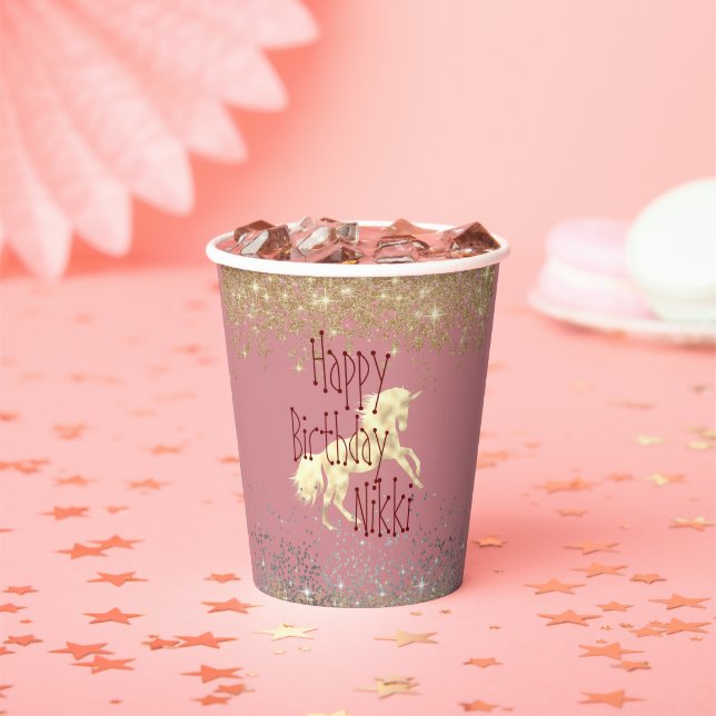 Gobelets En Papier Glittery Gold Unicorn Anniversaire Personnalisé (Insitu)