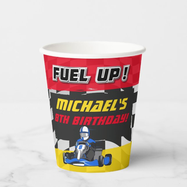 Gobelets En Papier Go Kart Anniversaire À damiers (Recto)