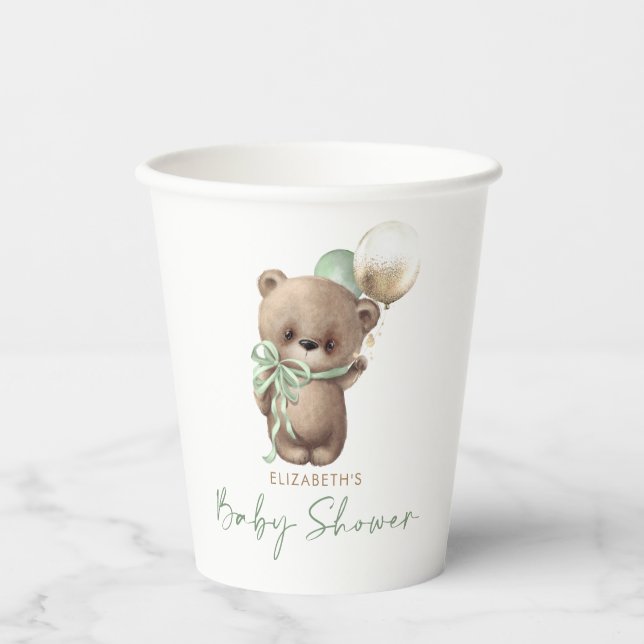 Gobelets En Papier Gold Brown Sage Green Teddy Bear Baby Shower (Recto)