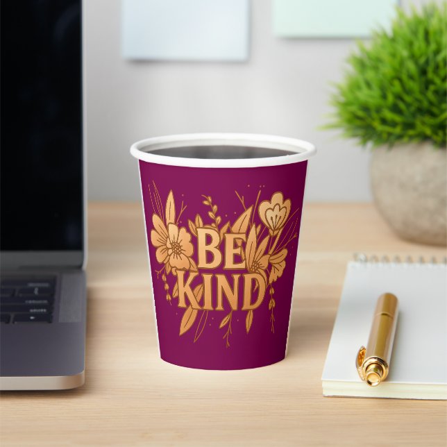 Gobelets En Papier Gold Floral “Be Kind” Paper Cup – 8oz Custom Party (Insitu)