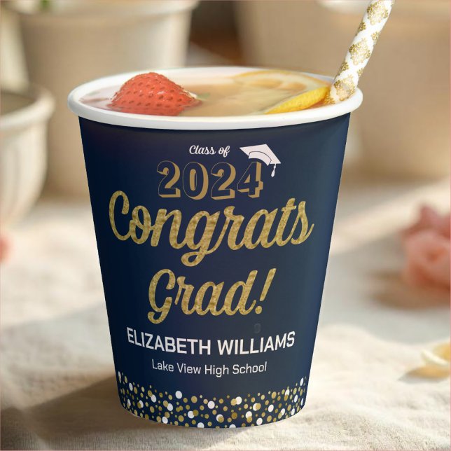 Gobelets En Papier Gold Foil Script Confetti Congrats Grad Blue (Créateur téléchargé)