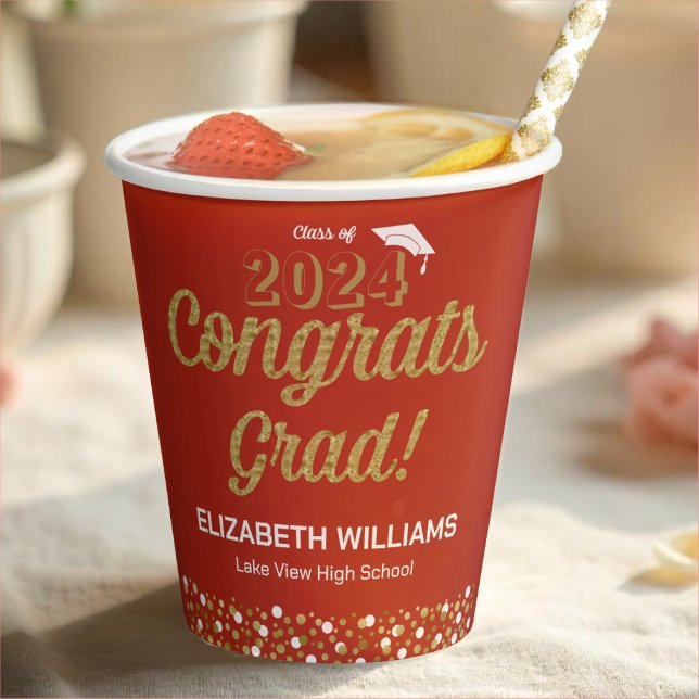 Gobelets En Papier Gold Foil Script Confetti Congrats Grad Red (Créateur téléchargé)