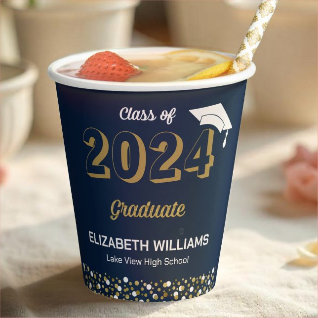 Gobelets En Papier Gold Foil Script Confetti Graduation Party Blue (Créateur téléchargé)