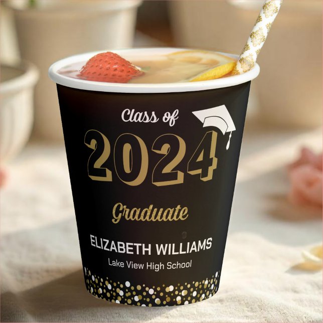 Gobelets En Papier Gold Foil Script Confetti Graduation Party Noir (Créateur téléchargé)