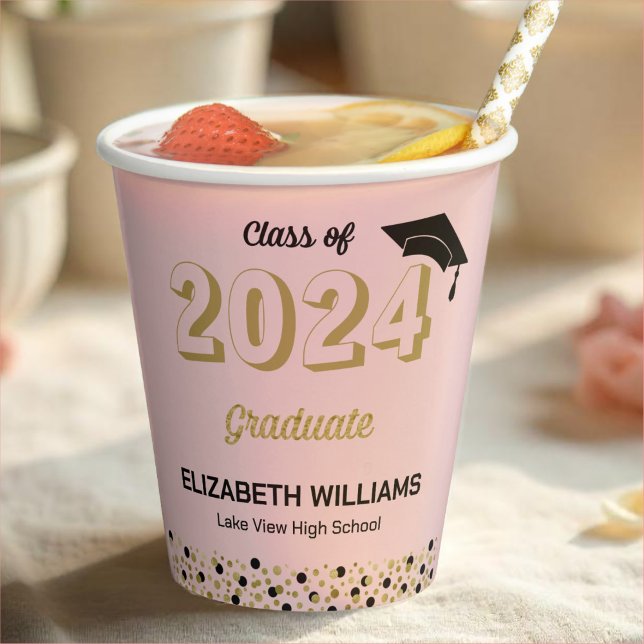 Gobelets En Papier Gold Foil Script Confetti Graduation Party Rose (Créateur téléchargé)