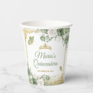 Gobelets En Papier Gold Quinceañera Sage Green Crown Butterfly