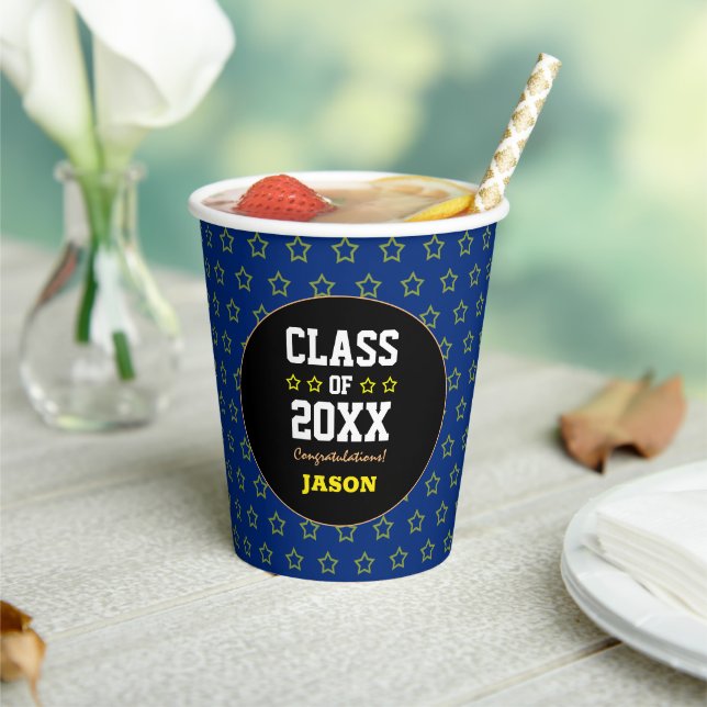 Gobelets En Papier Gold Star / Blue Graduation Année (Insitu)