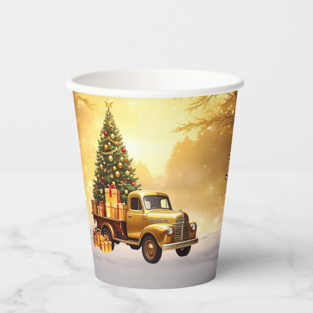 Gobelets En Papier Gold Truck Christmas Tree Tasses en papier de vaca (Recto)