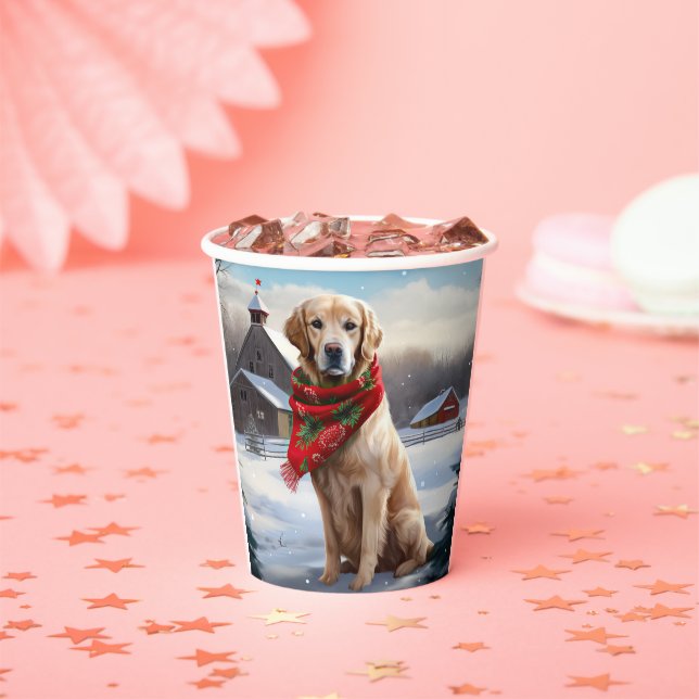 Gobelets En Papier Golden Retriever Dog in Snow Christmas (Insitu)