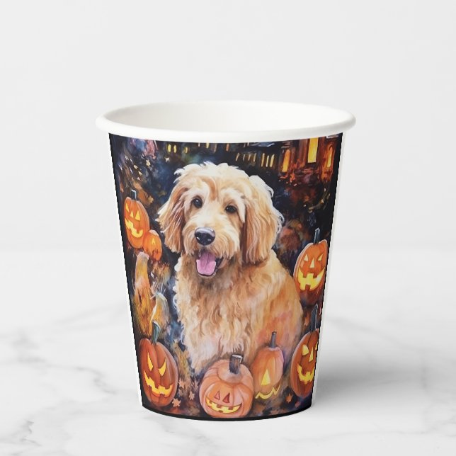 Gobelets En Papier Goldendoodle Halloween avec citrouilles effrayant (Recto)