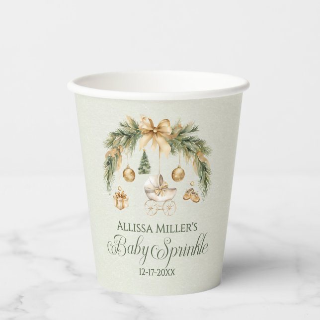 Gobelets En Papier Goutte de Bébé Aquarelle Verdure Noël Hiver (Recto)