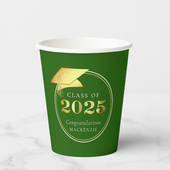 Gobelets En Papier Graduation 2025 Faux Metallic Gold Green (Recto)