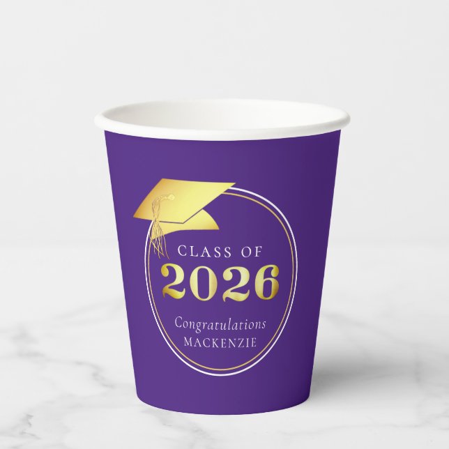 Gobelets En Papier Graduation 2025 Purple Faux Metallic Gold (Recto)