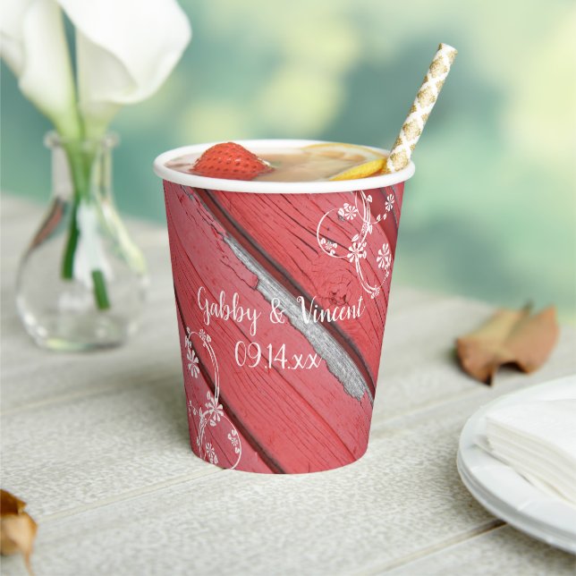 Gobelets En Papier Grange Rustique Rouge Bois Fleurs Blanches Mariage (Insitu)