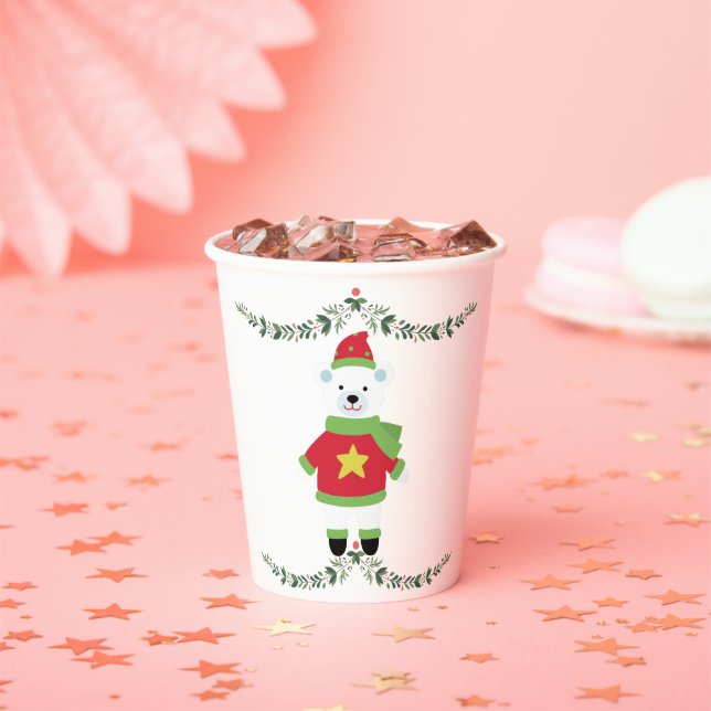 Gobelets En Papier Green Leaf on White Minimal Holiday Paper Cup (Insitu)