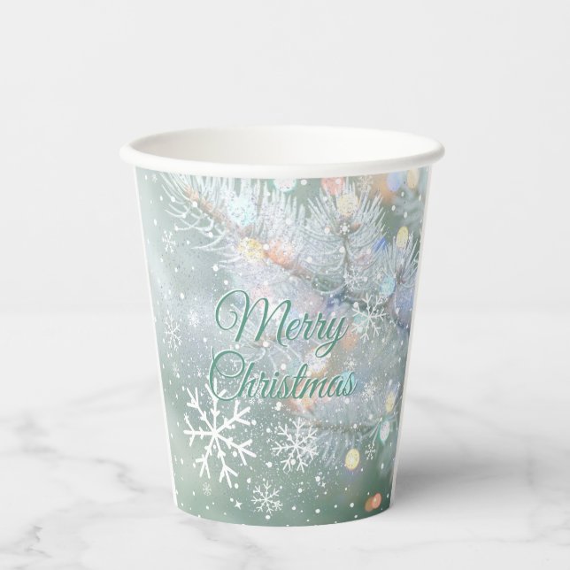 Gobelets En Papier Green Merry Christmas Snowflakes (Recto)