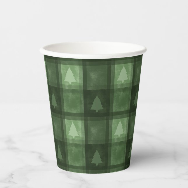 Gobelets En Papier Green Textured Plaid And Fir Tree Shapes Christmas (Recto)
