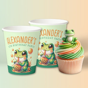 Gobelets En Papier Grenouille verte et Orange Boba Bubble Tea Party