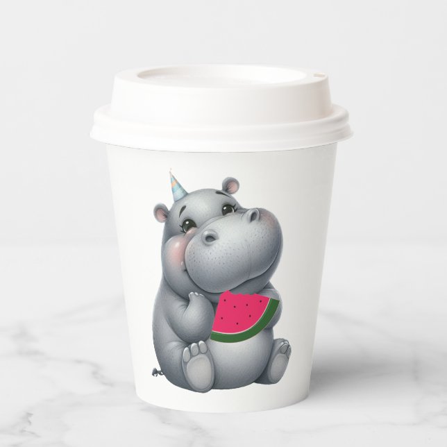 Gobelets En Papier Gris Hippopotame Pastèque Anniversaire  (Recto)