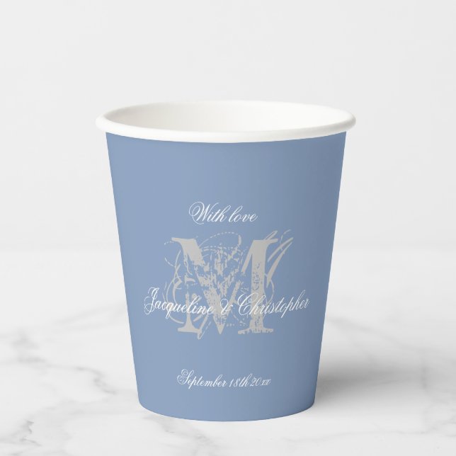 Gobelets En Papier Gris Monogramme Écriture Blanche Bleu Poussiéreux  (Recto)