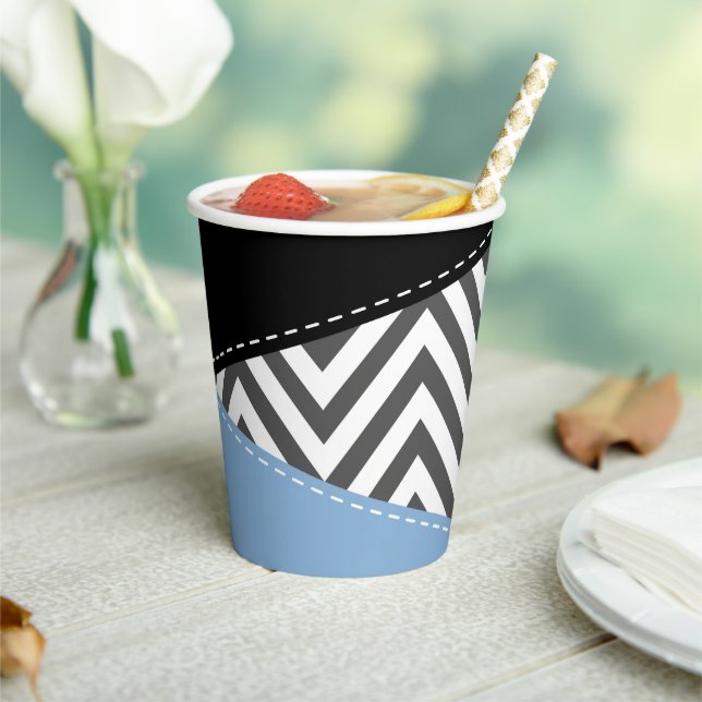 Gobelets En Papier Gris Zigzag, Gris Chevron, Motif Zigzag, Bleu (Insitu)